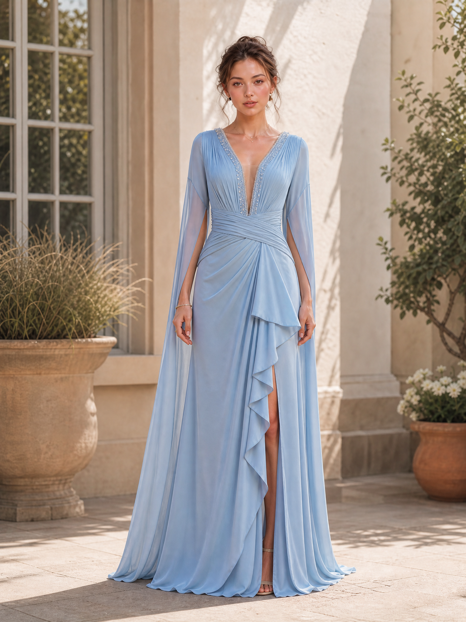 Light Blue V-Neck Long Sleeve Draped Split A-Line Floor-Length Gown Dress