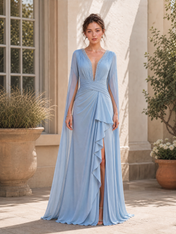 Light Blue V-Neck Long Sleeve Draped Split A-Line Floor-Length Gown Dress