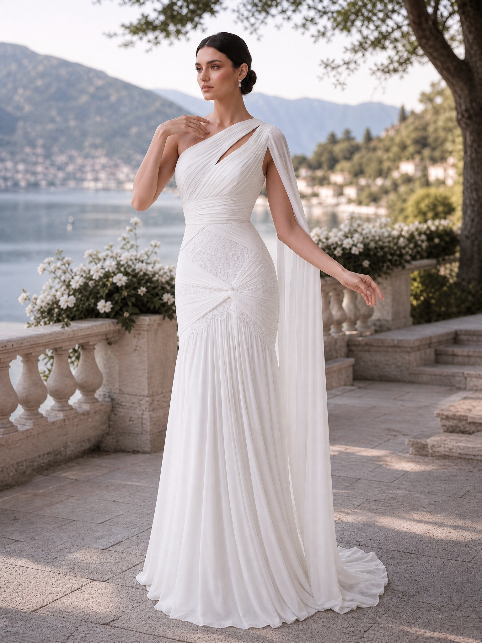 White One-Shoulder Cutout Cape Sleeve Ruched Mermaid Floor-Length Gown Dress