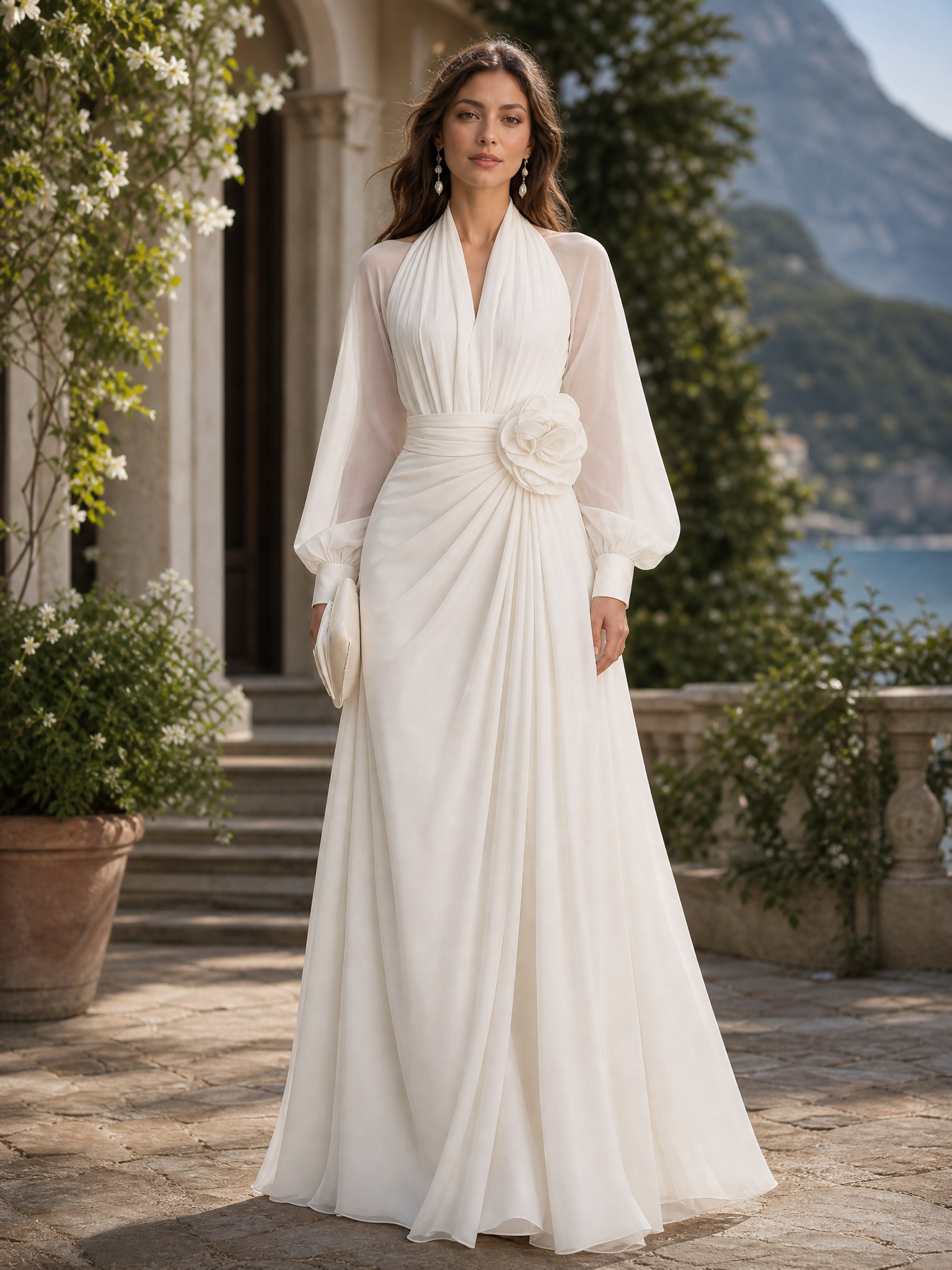White Pleated Halter Long Sleeve Draped A-Line Floor-Length Gown Dress