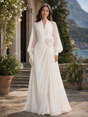 White Pleated Halter Long Sleeve Draped A-Line Floor-Length Gown Dress