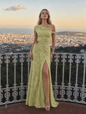 One-Shoulder Chartreuse Green Beaded Evening Dresses with Ring Waist Accent and Side Slit