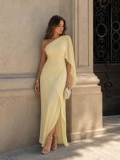 Yellow One-Shoulder Draped Split Sheath Floor-Length Gown Dress