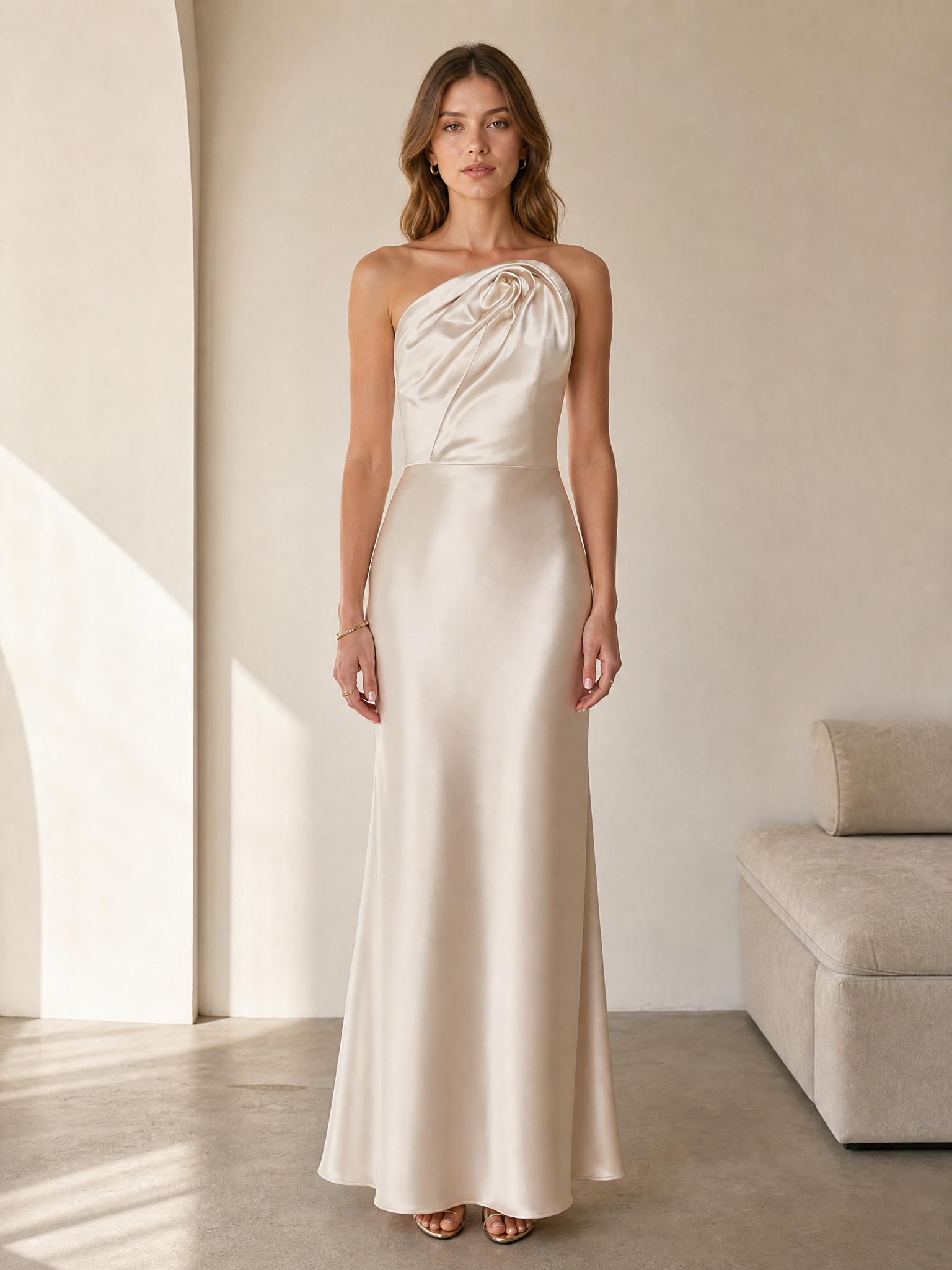 Champagne Satin Strapless Rosette Draped Sheath Floor-Length Gown Dress