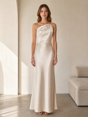 Champagne Satin Strapless Rosette Draped Sheath Floor-Length Gown Dress