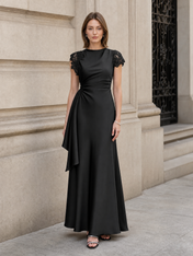 Black Cap Sleeve Satin Draped Sheath Floor-Length Gown Dress