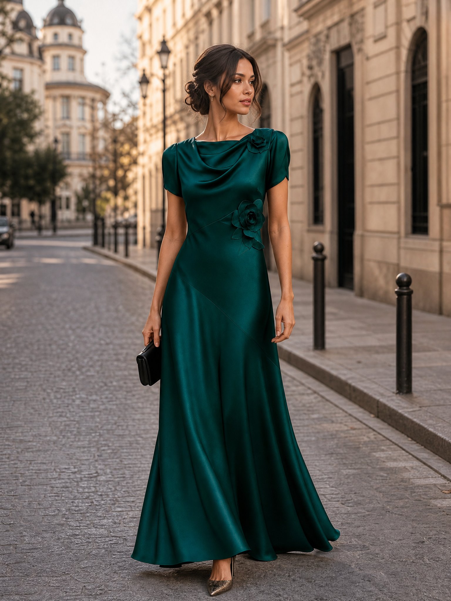 Dark Green Cowl Neck Short Sleeve Rosette Draped A-Line Floor-Length Gown Dress