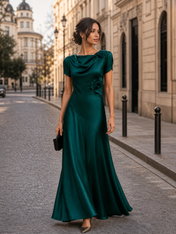 Dark Green Cowl Neck Short Sleeve Rosette Draped A-Line Floor-Length Gown Dress