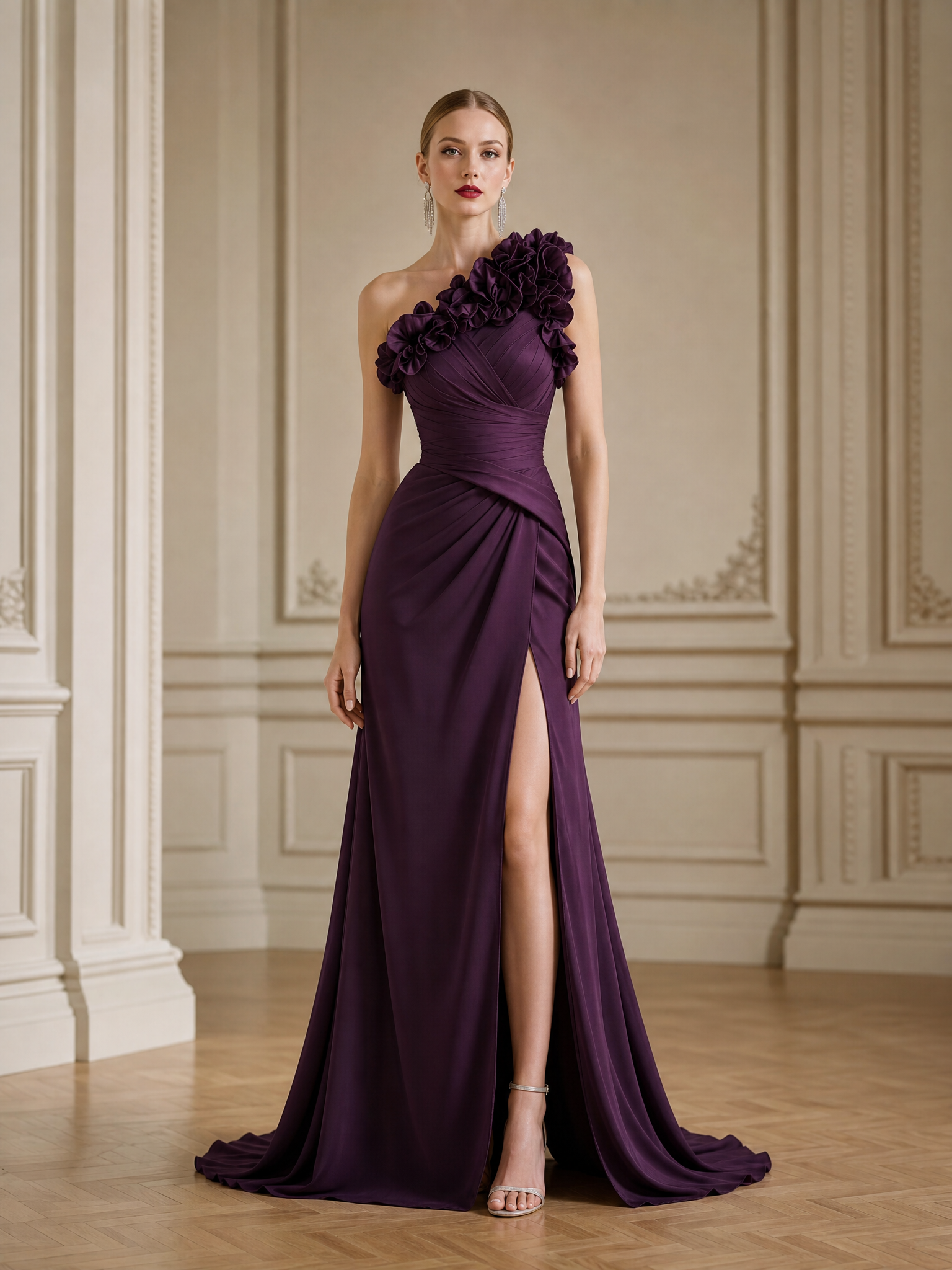 Dark Purple One-Shoulder Rosette Split Sheath Floor-Length Gown Dress