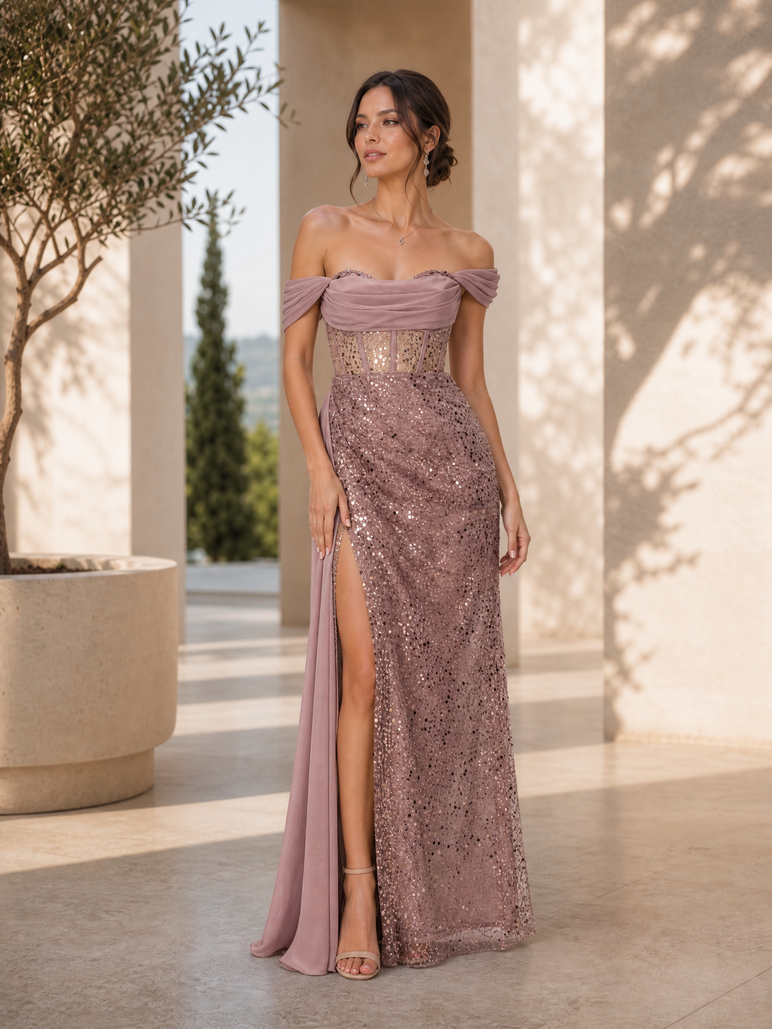 Mauve Sequin Off-The-Shoulder Draped Split Sheath Floor-Length Gown Dress