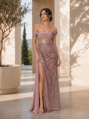Mauve Sequin Off-The-Shoulder Draped Split Sheath Floor-Length Gown Dress