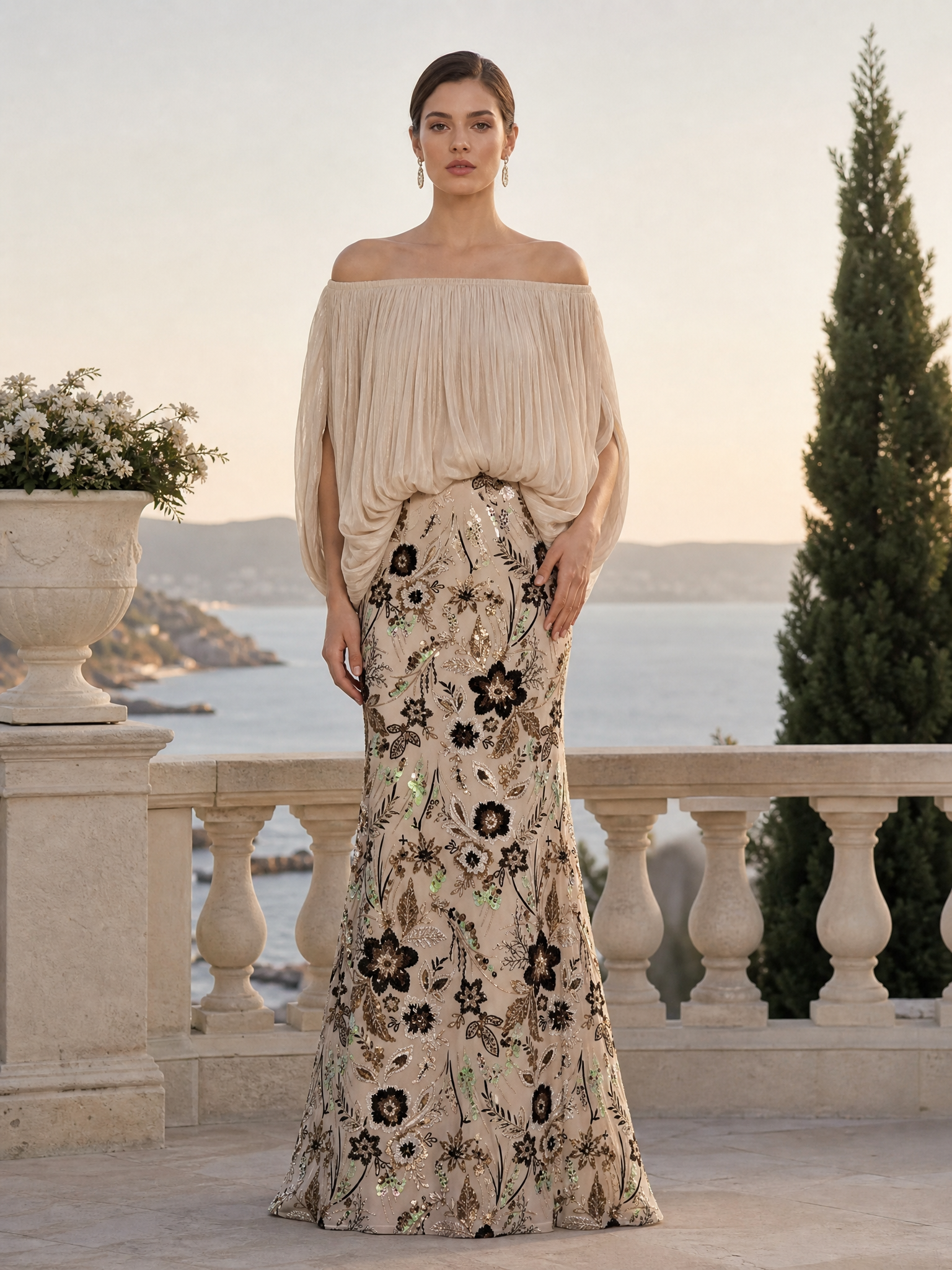 Beige Off-The-Shoulder Blouson Sequin Sheath Floor-Length Gown Dress