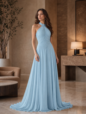 Light Blue Halter Pleated A-Line Floor-Length Gown Dress