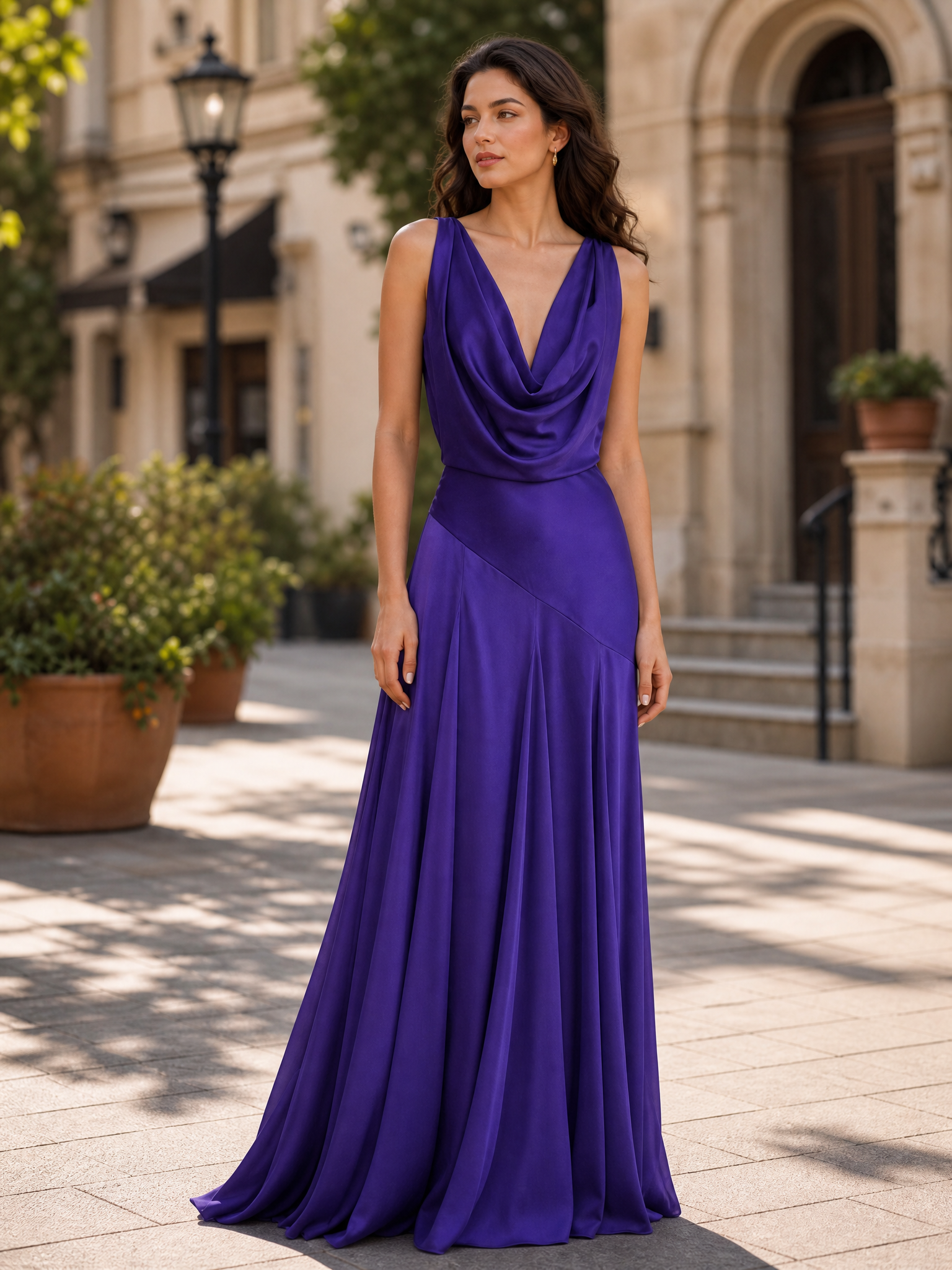 Royal Purple Cowl Neck Sleeveless Draped A-Line Floor-Length Gown Dress