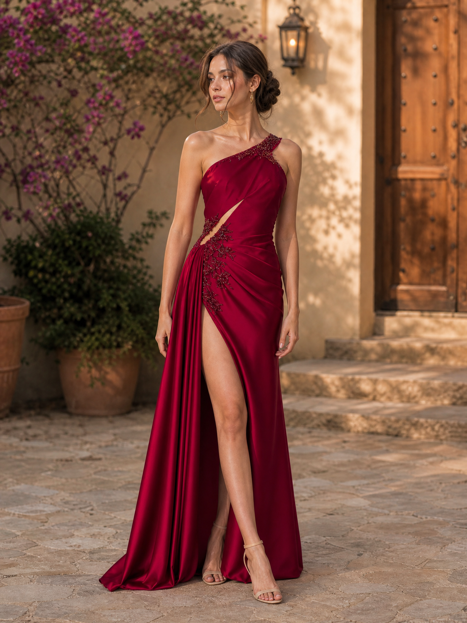 Burgundy One-Shoulder Beaded Cutout Satin Floor-Length Gown Dress
