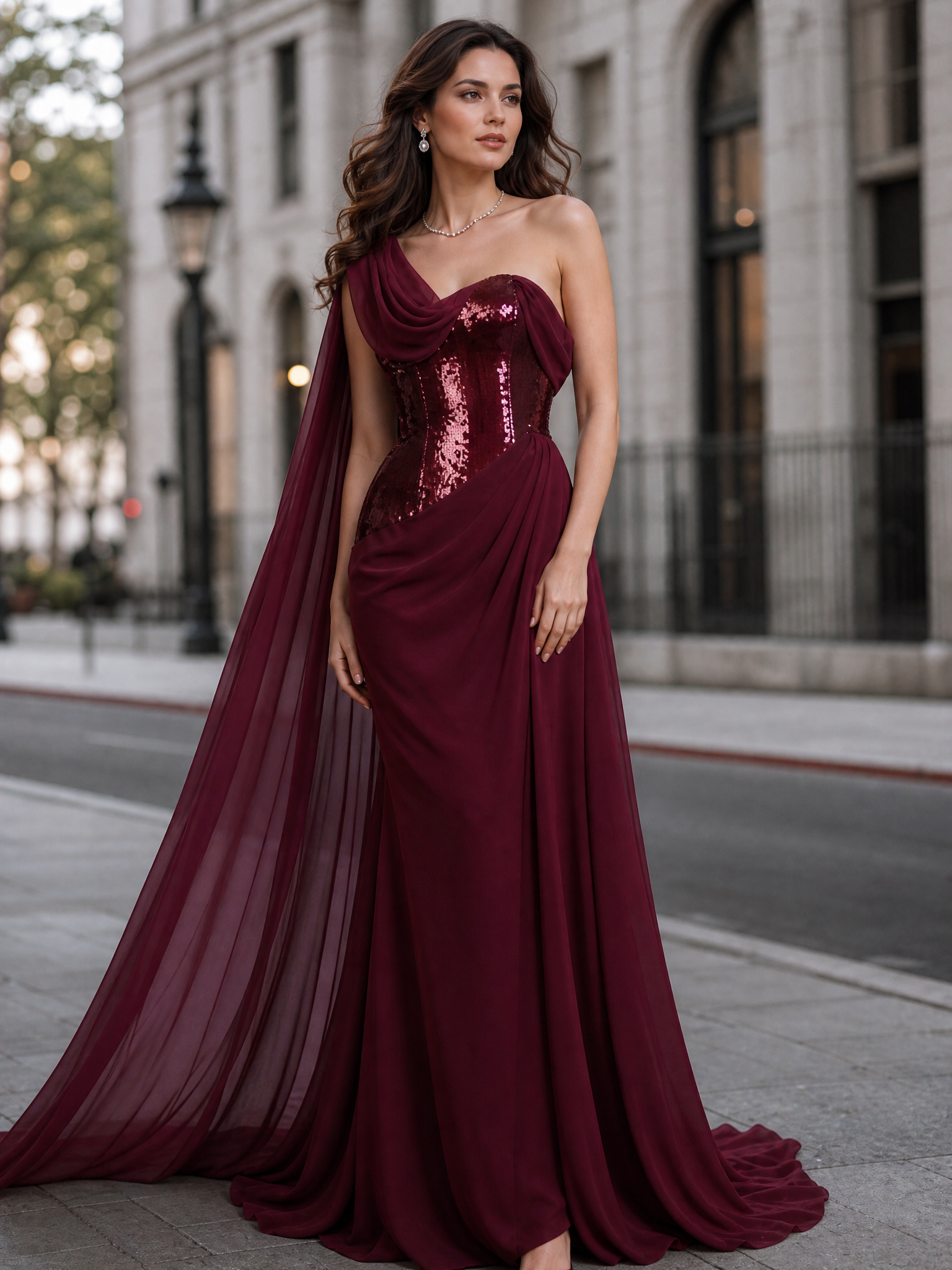 Burgundy One-Shoulder Draped Cape Sequin Sheath Floor-Length Gown Dress