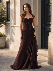 Chocolate Sweetheart Cap Sleeve Applique Ruched A-Line Floor-Length Gown Dress