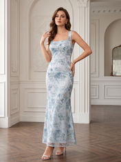 Light Blue Floral Beaded Mesh Square Neck Column Floor-Length Gown Dress