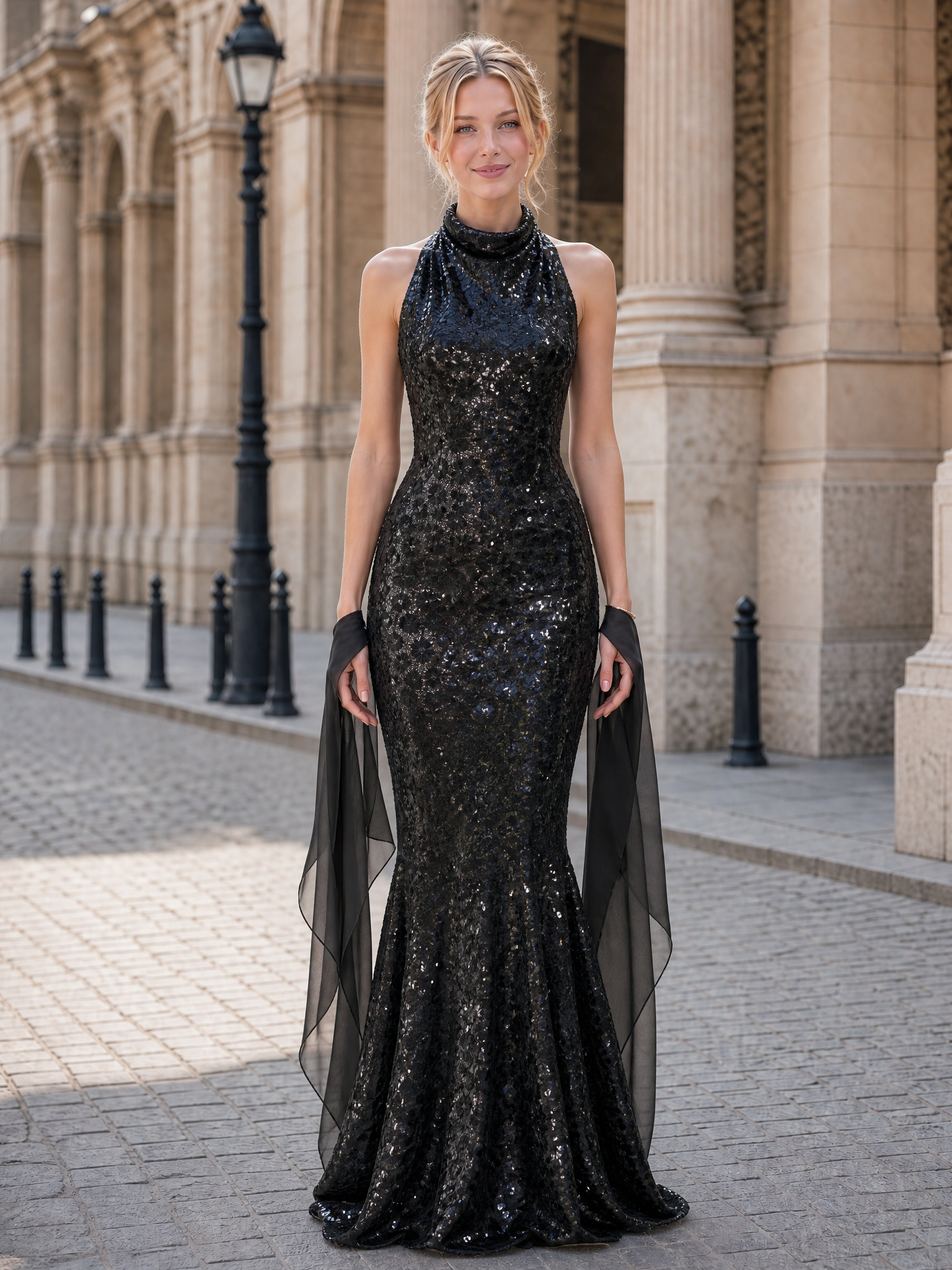 Halter Neck Black Sequin Evening Dresses with Cowl Front and Flowing Sash