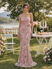 Dusty Pink Strapless Ruched Floral Floor-Length Gown Dress