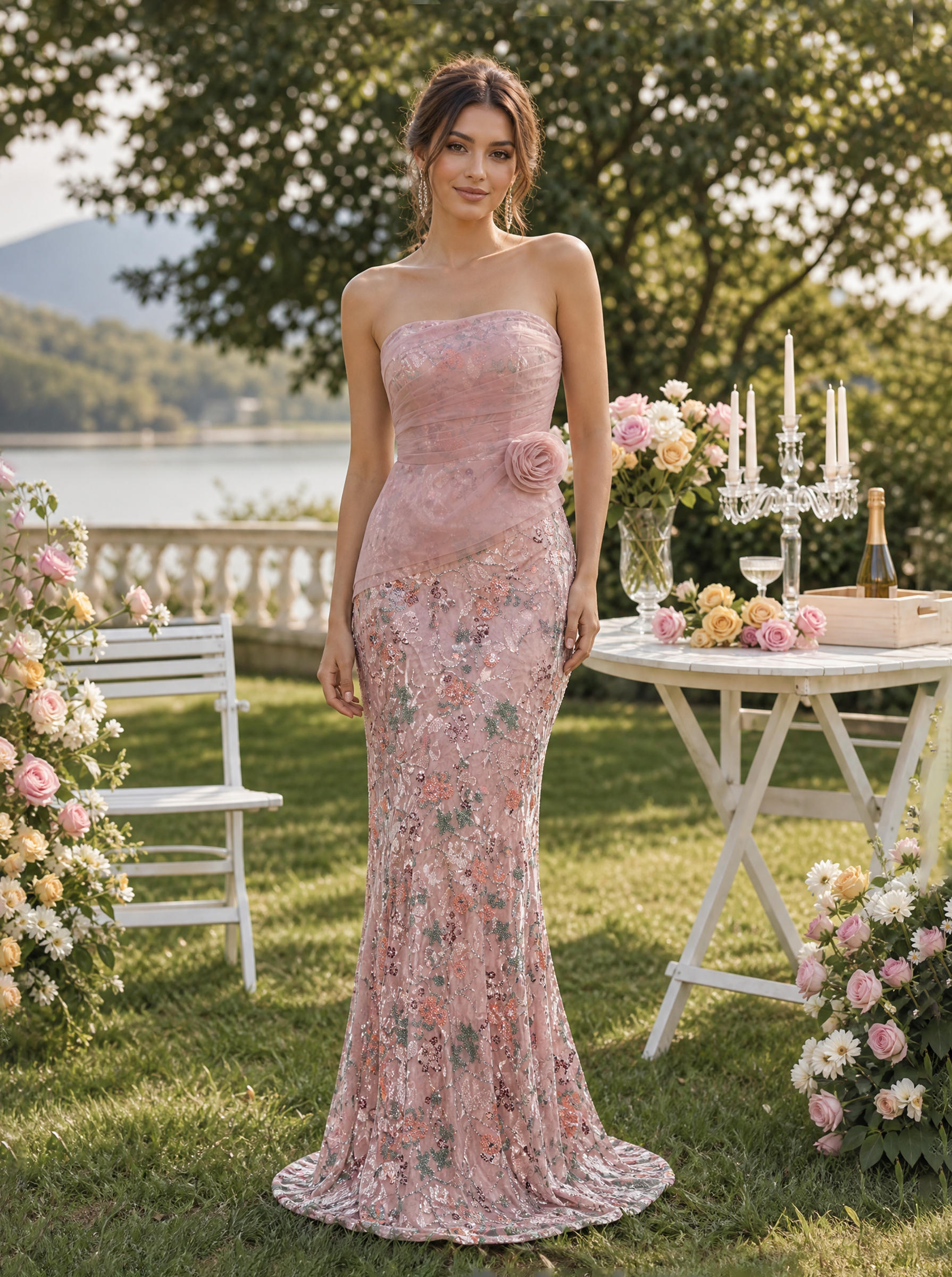 Dusty Pink Strapless Ruched Floral Floor-Length Gown Dress