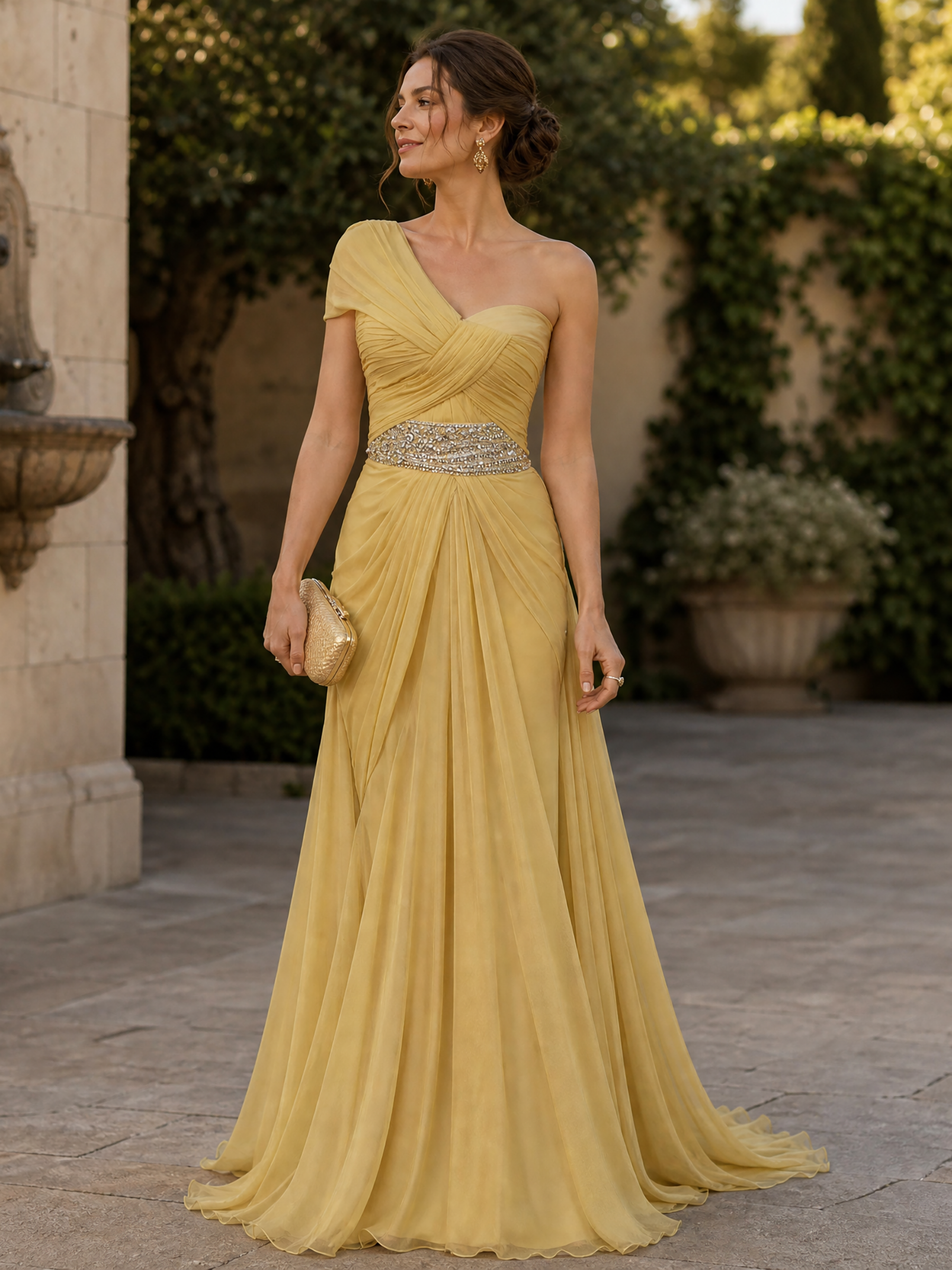 Yellow One-Shoulder Ruched Beaded Floor-Length Gown Dress