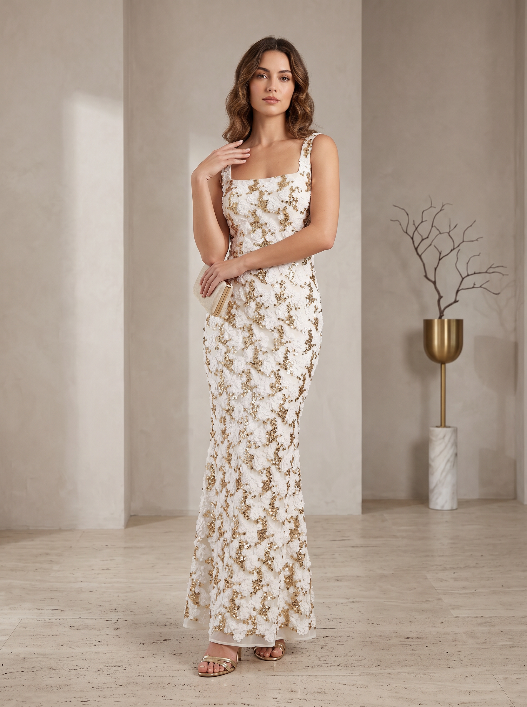 White and Gold 3D Floral Sequin Square Neck Column Floor-Length Gown Dress
