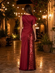 Burgundy Draped Asymmetric Sequin Satin Floor-Length Gown Dress