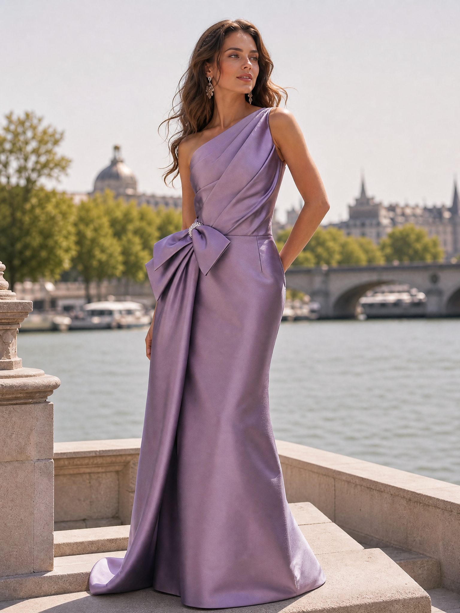 Lilac One-Shoulder Bow Draped Satin Floor-Length Gown Dress 