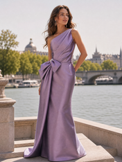 Lilac One-Shoulder Bow Draped Satin Floor-Length Gown Dress 