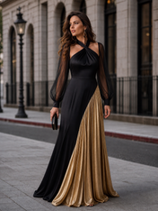Black And Gold Halter Neck Long Sleeve Pleated Contrast Floor-Length Gown Dress