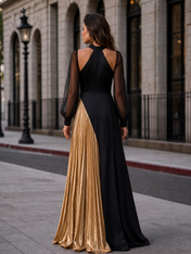Black And Gold Halter Neck Long Sleeve Pleated Contrast Floor-Length Gown Dress