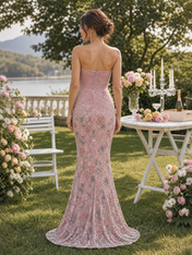 Dusty Pink Strapless Ruched Floral Floor-Length Gown Dress