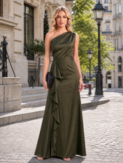 One-Shoulder Olive Green Satin Evening Dresses with Cascading Ruffle and Draped Bodice