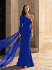 One-Shoulder Royal Blue Crepe Evening Dresses with Chiffon Cape Sleeve