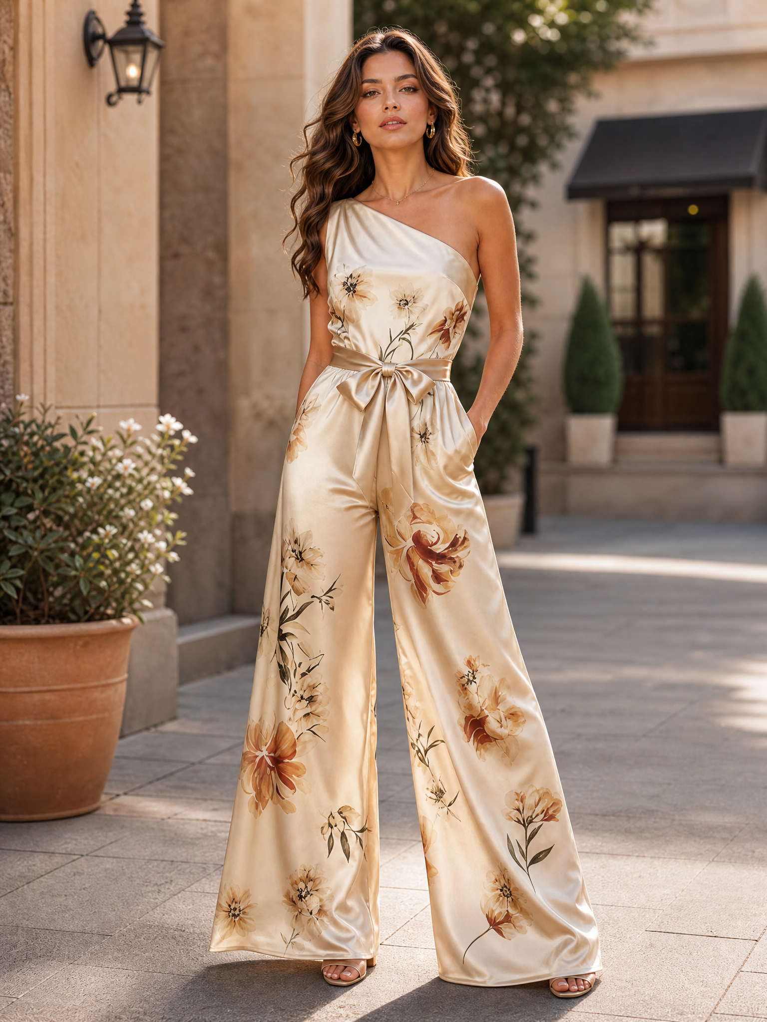Champagne Floral One-Shoulder Wide-Leg Satin Jumpsuit