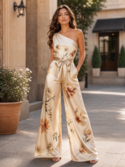 Champagne Floral One-Shoulder Wide-Leg Satin Jumpsuit
