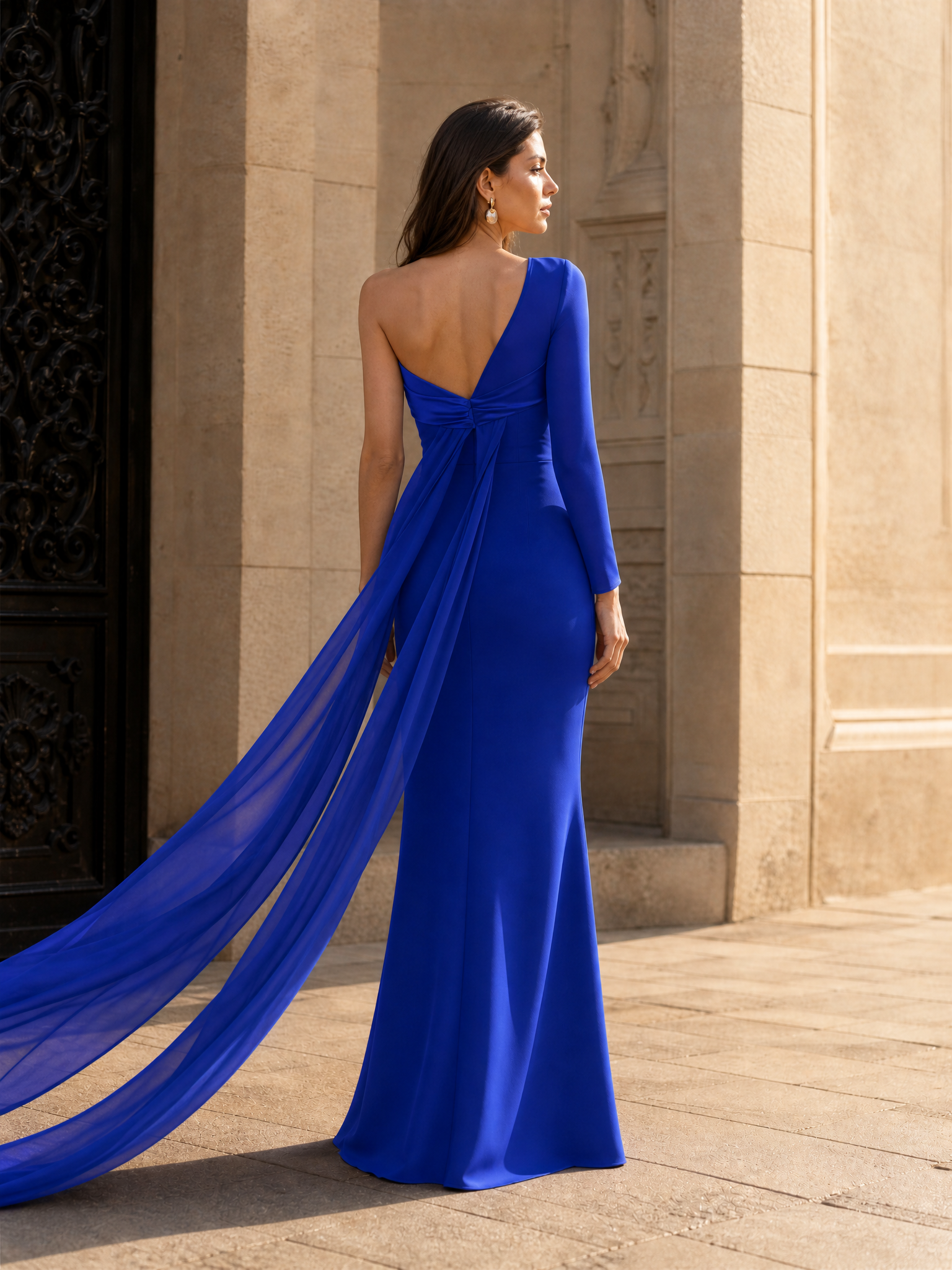 One-Shoulder Royal Blue Crepe Evening Dresses with Chiffon Cape Sleeve