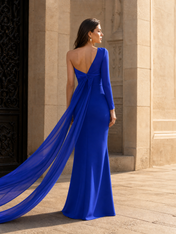 One-Shoulder Royal Blue Crepe Evening Dresses with Chiffon Cape Sleeve