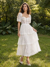 Elegant Short Sleeve Sweetheart Neckline Lace Tea-Length Wedding Dress with Tiered Skirt