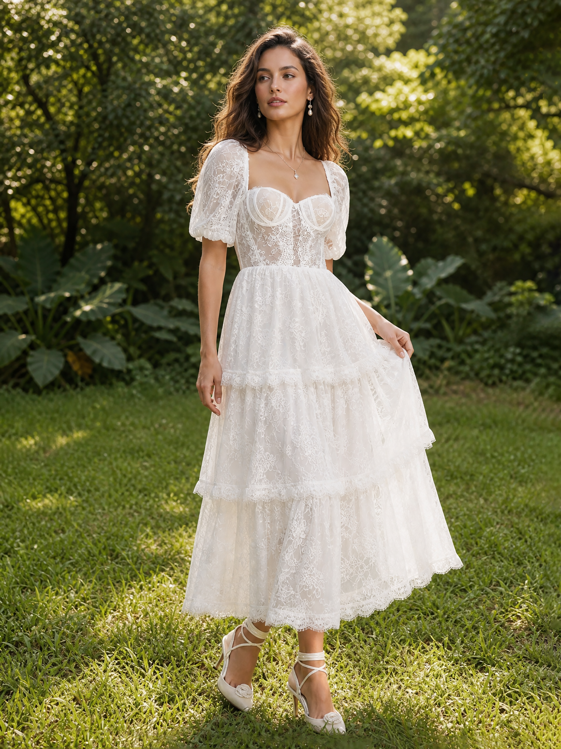 Elegant Short Sleeve Sweetheart Neckline Lace Tea-Length Wedding Dress with Tiered Skirt