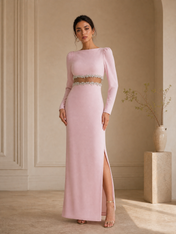 Long-Sleeve Crepe and Crystal Cutout Maxi Evening Dresses with High Slit
