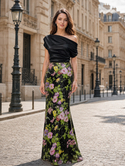 Black and Multi-Color Satin and Floral Sequin Mesh One-Shoulder Sheath Floor-Length Gown Dress