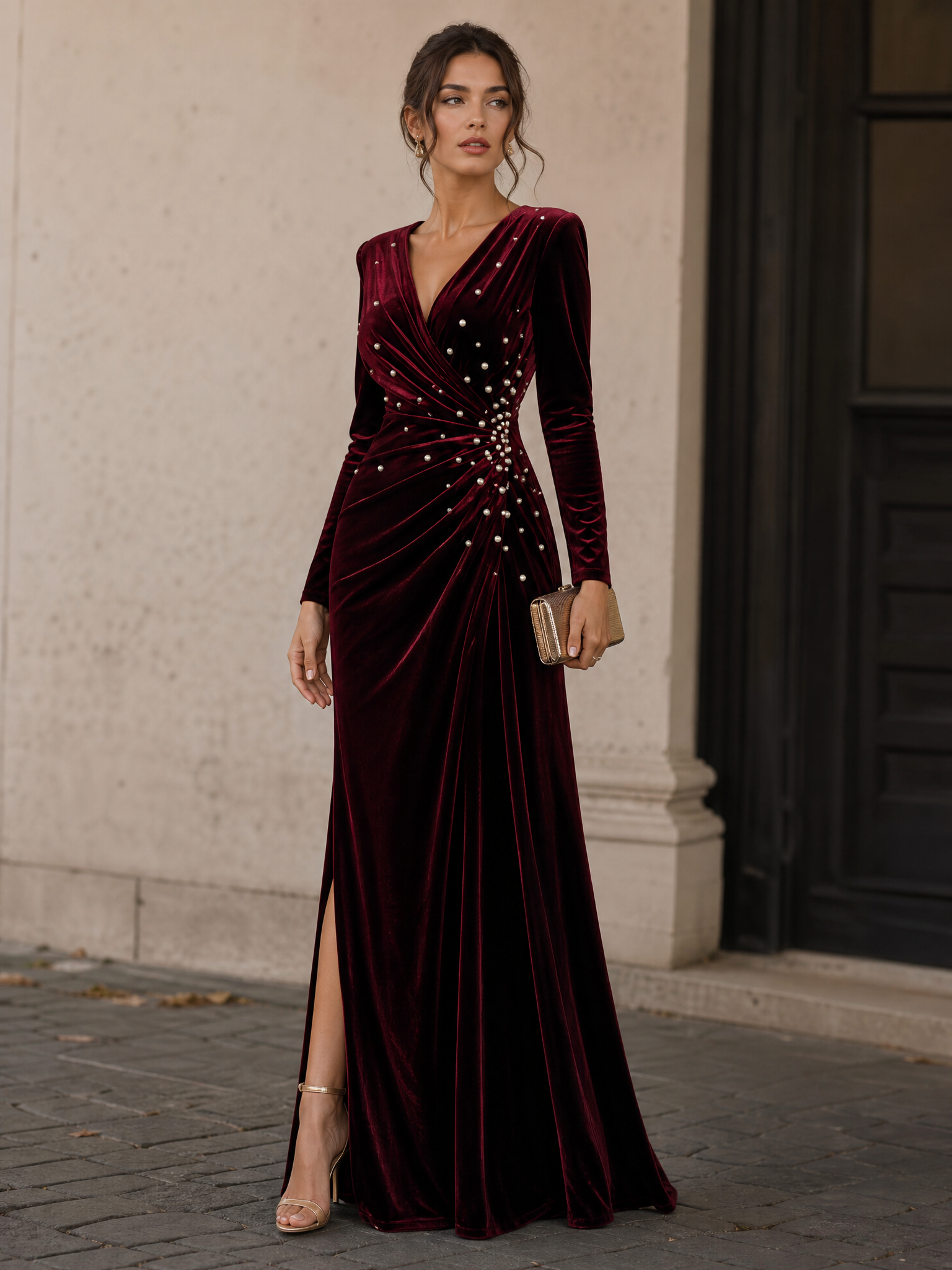 V-Neck Pearl Ruched Burgundy Velvet Floor-Length Evening Dresses with Long Sleeves