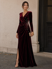 V-Neck Pearl Ruched Burgundy Velvet Floor-Length Evening Dresses with Long Sleeves