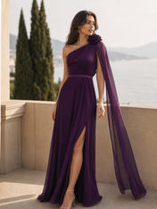 One-Shoulder Deep Purple Chiffon Evening Dresses with Rosette Accent and Shoulder Sash