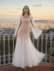 Square Neck Champagne and Ivory Beaded Evening Dresses with Flowing Shoulder Ties and Trumpet Skirt