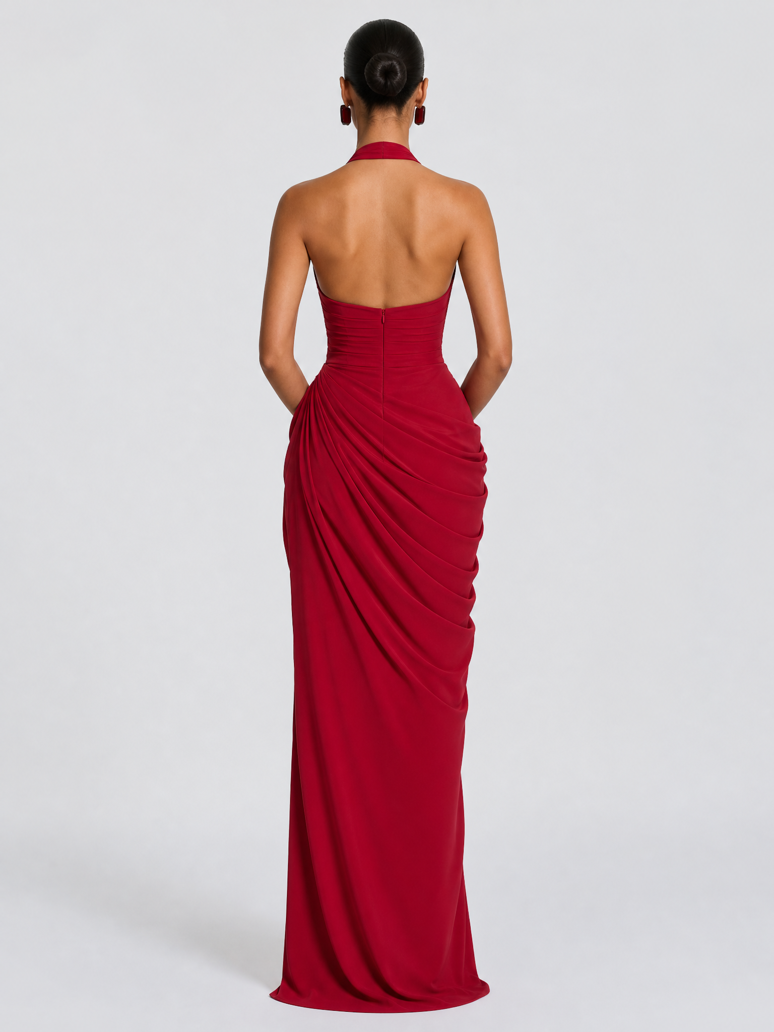 Halter Sweetheart Red Crepe Evening Dresses with Draped Slit Skirt