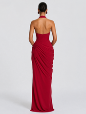 Halter Sweetheart Red Crepe Evening Dresses with Draped Slit Skirt