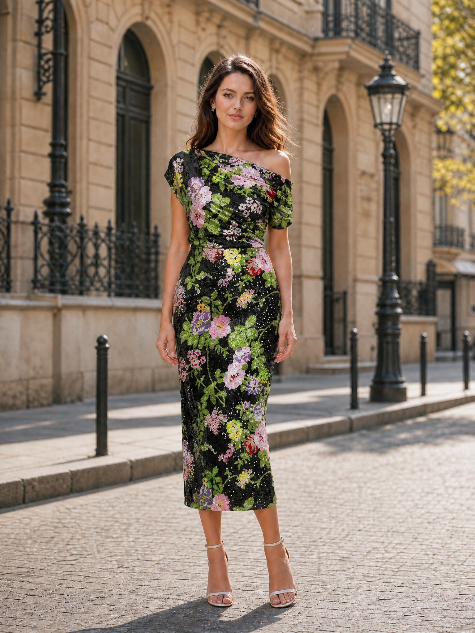 Black and Multi-Color Floral Sequin Mesh One-Shoulder Sheath Midi Gown Dress